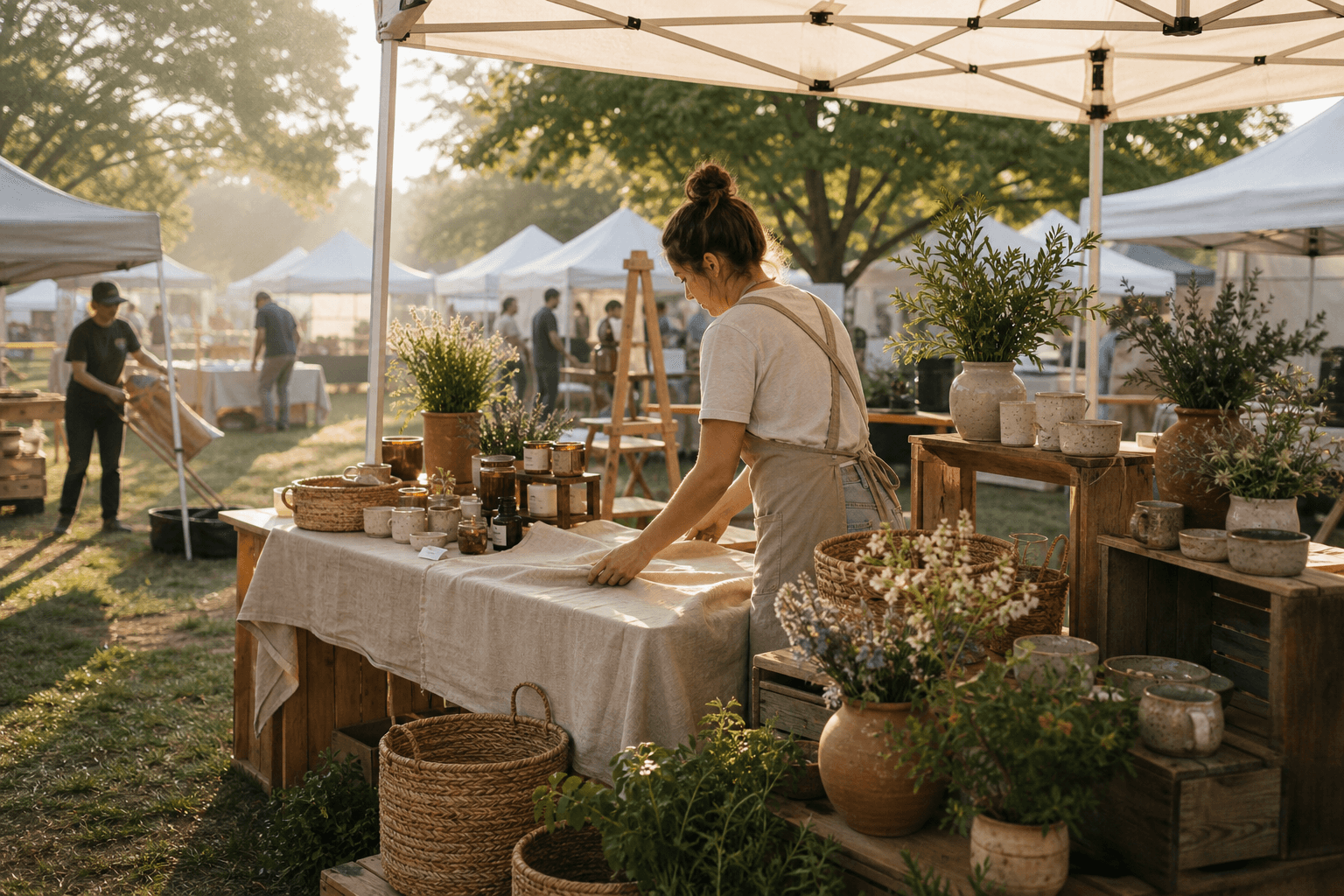 A maker arranging her ceramics at a market stall