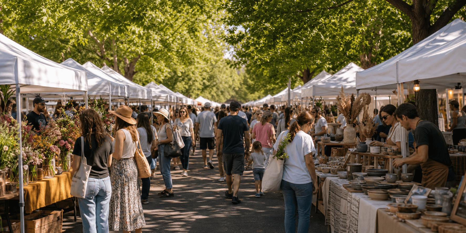 A wide view of a Thames Valley handmade market in full swing